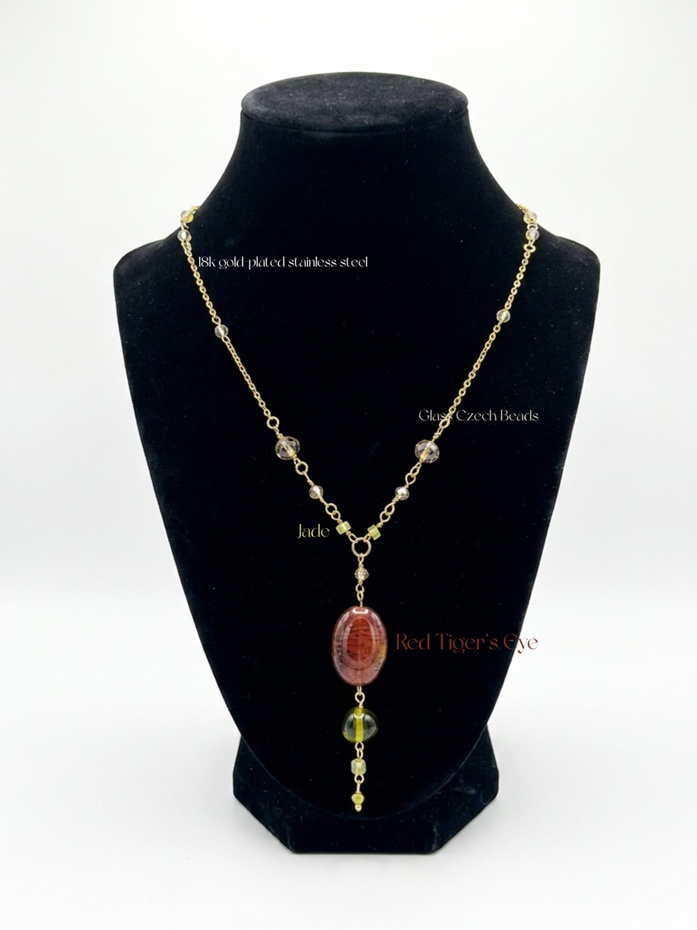 Red Tiger's Eye and Jade Gold Pendant Necklace